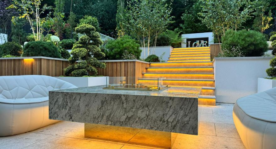 Outdoor lighting & fire pit installed by OLB Installations in Leeds